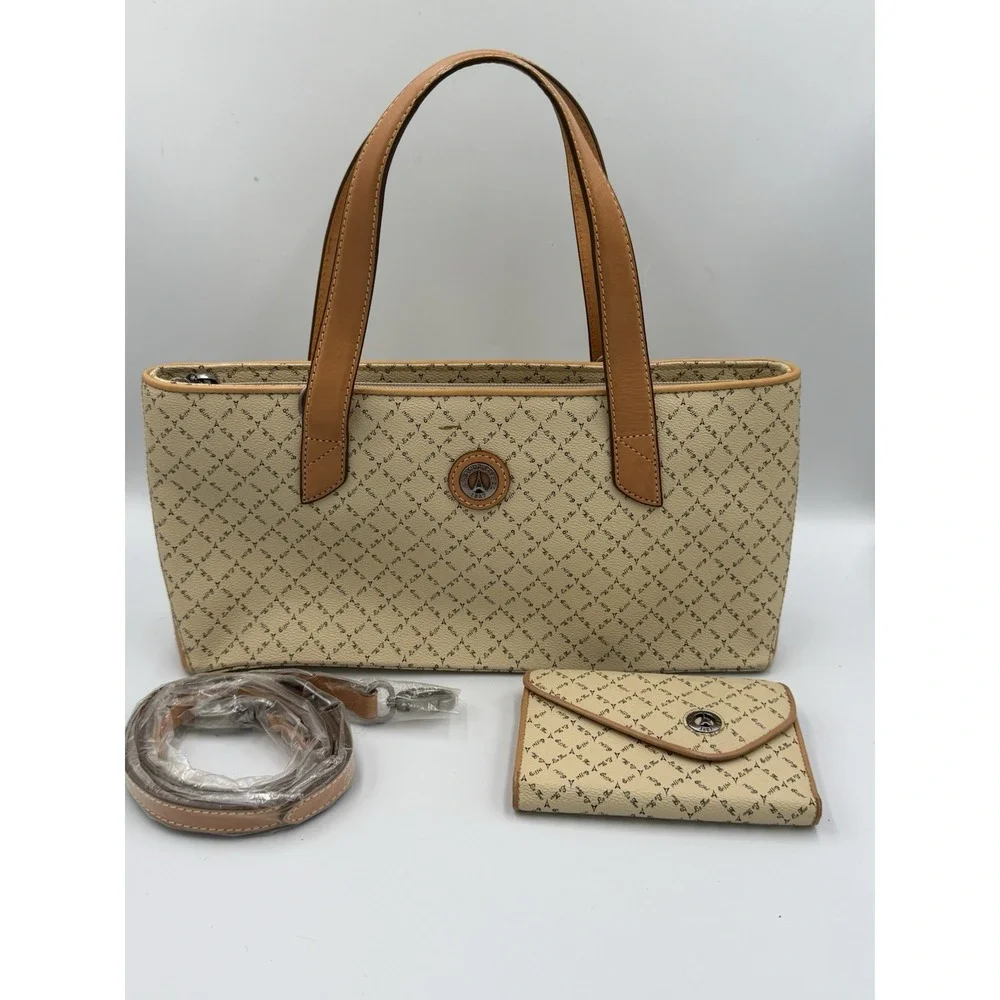 La Tour Eiffel Paris Monogram Satchel Crossbody Bag Beige Matching Wallet Set